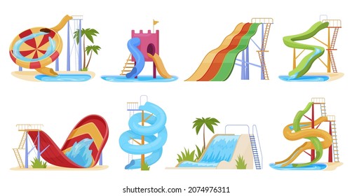 Water slides set vector flat cartoon illustration. Collection aquapark active extreme entertainment with tube, pipeline, spiral slide isolated. Wet fun amusement construction for children and adults