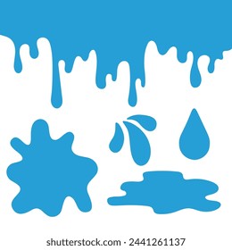Water slime, splashes, drops set in cartoon flat style. Splatters and water spray, falling droplets, paint stain, puddle.