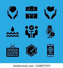 water, smartphone, dove of peace, cabinets, microphone, meeting, television, health insurance and tambourine vector icon. Simple icons set