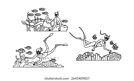 water snorkel vector. travel lifestyle, happy vacation, summer ocean water snorkel character. people black line pencil drawing illustration