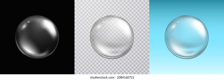 Water soap bubble, crystal orb or glass ball isolated on black, transparent and blue backgrounds. Realistic vector 3d clear sphere, pure droplet template
