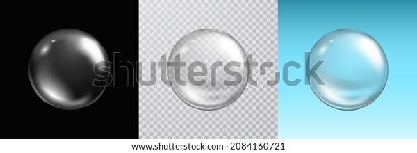 Water soap bubble, crystal orb or\
glass ball isolated on black, transparent and blue backgrounds.\
Realistic vector 3d clear sphere, pure droplet\
template