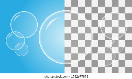 Burbuja de jabón de agua sobre fondo azul y transparente. ilustración vectorial. Burbuja de jabón realista.