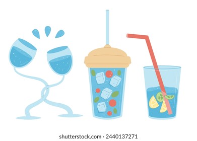 Water and soft drinks glasses set isolated on white background. Fresh summer beverages. Vector flat illustration.