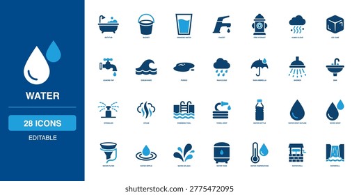 Water solid icon set featuring bathtub, bucket, drinking, faucet, fire hydrant, humid cloud, ice cube, leaking tap, ocean wave, puddle, rain, shower, sink and sprinkler