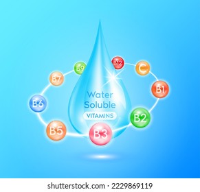 Water soluble vitamins. Multivitamins capsules around blue water droplets. Essential vitamin for human body. Medical concepts. Ad dietary supplement for pharmacy or clinic. 3D Vector.