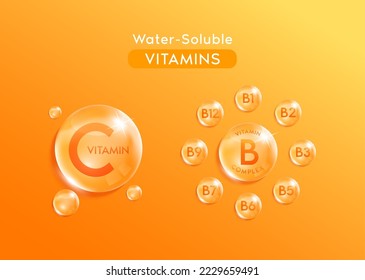 Water soluble vitamins. Orange water drop. Essential vitamin for human body. Medical scientific concepts. Realistic 3D Vector.