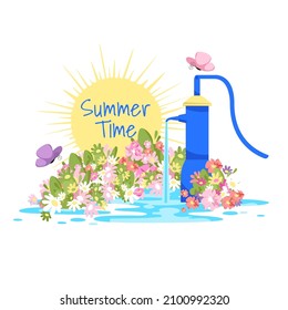 fuente de agua. columna de agua. ilustración vectorial con flores. hora de verano de inscripción