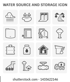 Water source and storage equipment such as rain, resource, dam, river, tank, tower, bottle, gutter, pipe, valve, truck vector icon set design, expand line icon.