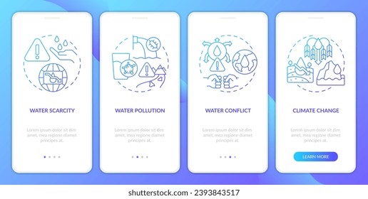 La fuente de agua amenaza la pantalla de aplicación móvil con gradiente azul. Recorrido de peligros 4 pasos instrucciones gráficas con conceptos lineales. plantilla UI, UX, GUI