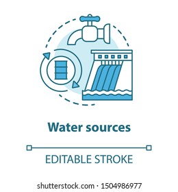 Water sources concept icon. Drinking water supplies idea thin line illustration. Reasonable usage and management of aqua resources. Vector isolated outline drawing. Editable stroke