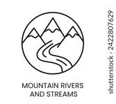 Water sources, mountain rivers and streams line vector icon for water packaging with editable stroke