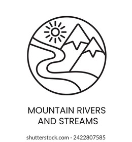 Fuentes de agua, ríos montañosos e ícono de vector de línea de arroyos para el envasado de agua con trazo editable