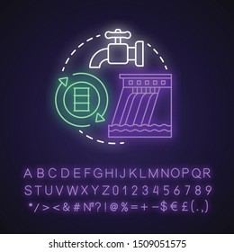 Water sources neon light concept icon. Drinking water supplies idea. Reasonable usage and management of aqua resources. Glowing sign with alphabet, numbers and symbols. Vector isolated illustration