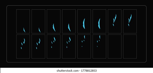 Water sparks animation. Water effect sprites sheet for games, video, animation or motion design. Colorful cartoon sparks animation. EPS10 vector illustration.