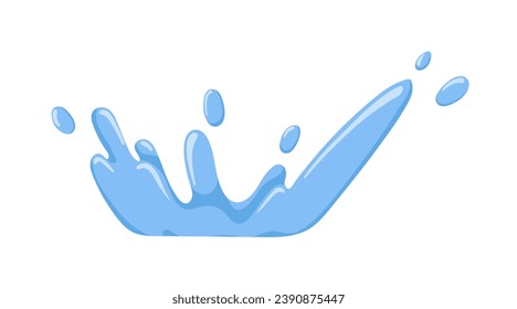 Water spatter, splash in motion. Fresh clean blue aqua spray, splatter, watery design element. Dynamic liquid with pure refreshing drops. Flat vector illustration isolated on white background