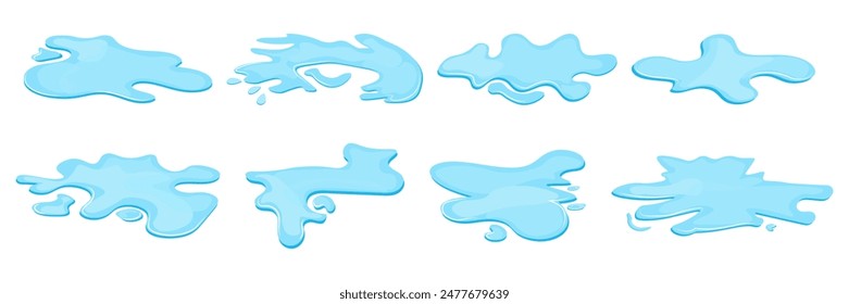 Water spill collection in a flat design. Set of water puddle