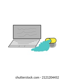 Water Spill Illustration Icon Beside A Laptop. White Background