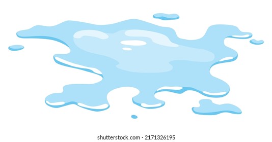 Water spill puddle. Blue liquid various shape in flat cartoon style. Vector fluid design element isolted on white background