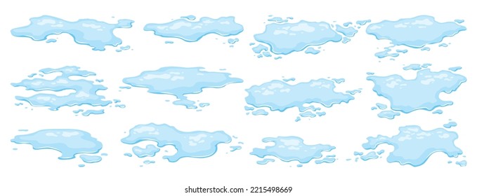 Water spill puddles set. Blue liquid various shape in flat cartoon style. Clean fluid drop design elements isolted on white background