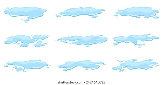 Water spill puddles set. Blue liquid various shape in flat cartoon style. Clean fluid drop design elements isolted on white background