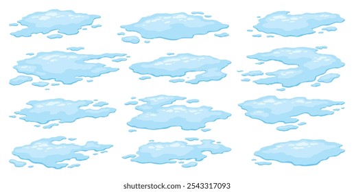 Water spill puddles set. Blue liquid various shape in flat cartoon style. Clean fluid drop design elements isolated on white background