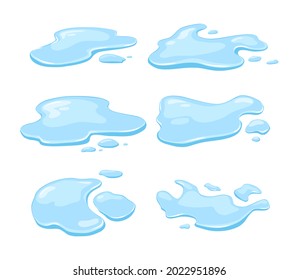 Water spill, puddles set on a white isolated background. Blue autumn natural liquid on the ground. Clean water. Vector illustration.