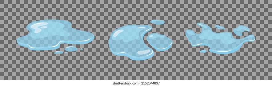 Water Spill, Puddles Set On A Isolated Transparent Background. Blue Autumn Natural Liquid On The Ground. Clean Water. Vector Illustration. 