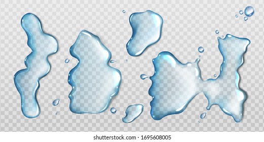 Water spill puddles top view set, aqua liquid splashes with scattered drops. Hydration spots elements with spray droplets isolated on transparent background, Realistic 3d vector Illustration, clip art