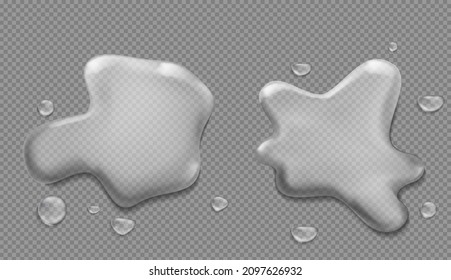 Water spill puddles top view set, aqua liquid splashes with scattered drops vector Illustration