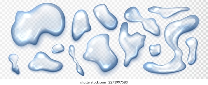 Water spill set isolated. Realistic aqua liquid splashes top view set on transparent background. 3d water splashes, rain droplets, liquid spills.