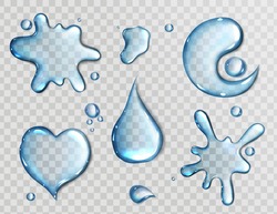 Water Spills Isolated On Transparent Background. Vector Realistic Set Of Liquid Puddles In Shape Of Heart, Blob And Yin Yang, Clear Water Drops, Pure Aqua Flows Top View
