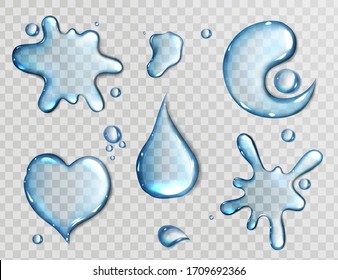 Water spills isolated on transparent background. Vector realistic set of liquid puddles in shape of heart, blob and Yin Yang, clear water drops, pure aqua flows top view
