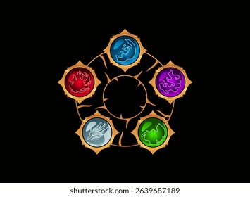 water, spirit, earth, fire, air fantasy world elements game button and icon in badge frame