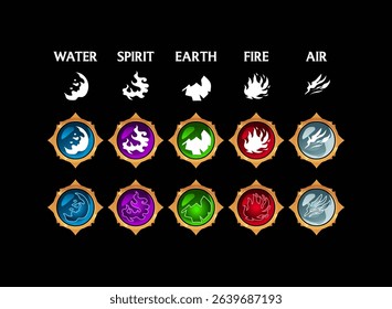 water, spirit, earth, fire, air fantasy world elements game button and icon