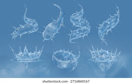 Wasserspritzer. 3D-Tropfen, Meerwasser. Wellenwirbelsatz. Plop in Flüssigkeit. Strömungswirbel. Transparente Welligkeit. Wasserspritzer. Blaue Streuungen. Wassertropfen in Bewegung. Vektorgenaue realistische Elemente