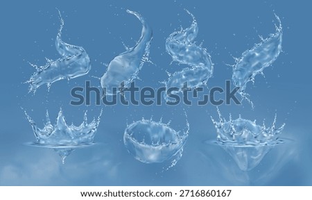 Water splash. 3D drop, sea liquid. Wave swirl set. Plop in fluid. Flow whirlpool. Transparent ripple. Aqua spatter. Blue scatters. Falling aqua with droplets in motion. Vector exact realistic elements