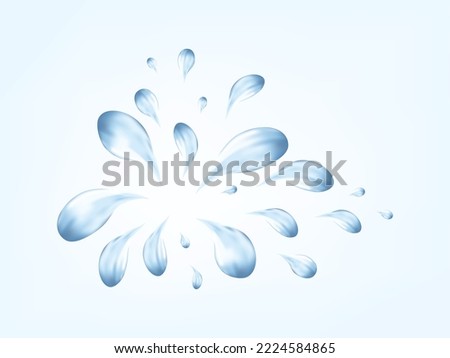 Water splash 3d. A whirlpool or flow of drops, liquid, a spilled drink. Transparent raindrops, puddle, drinking aqua. Different, splatter, spray or wave, natural flow with bubbles. Vector illustration