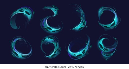 Water splash or air vortex with mint leaves. Vector illustration set of fresh wind flow effect with foliage. cool wave and tornado with flying tea or peppermint. Abstract motion curve with herbal