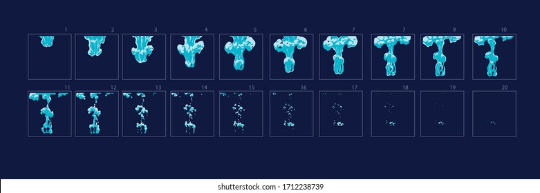 Wassersplash-Animation. Cartoon-Stilsatz von Wasser explode Effekt-Sprites für Animation-Vektorgrafik