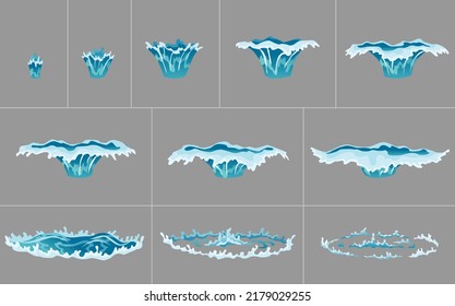 Water Splash Animation. Dripping Water Special Effect. Fx Sprite Sheet. Clear Water Drops Burst For Flash Animation In Games And Video. Cartoon Frames