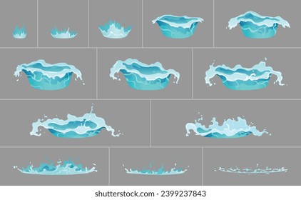 Water splash animation. Dripping water special effect. Fx sprite sheet. Clear water drops burst for flash animation in games and video. Cartoon frames