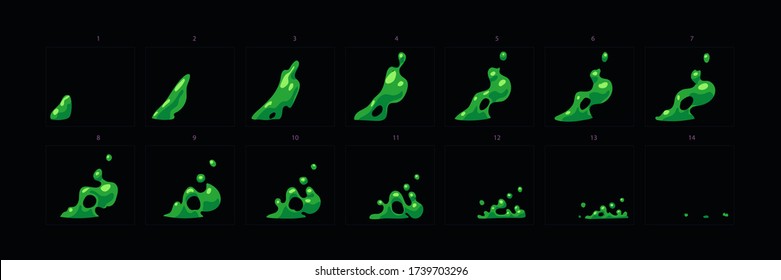 Efecto de animación salpicado de agua. Hoja con chorro de agua para juegos o dibujos animados.Animación de cascada-Vector
