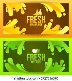 water splash from banana and apple fresh juice, colorful drink concept, abstract background for flyer and poster