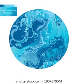 Water splash in blue color bubbles abstract circle background hand-drawn vector illustration. Vector business card template or gift cards. 