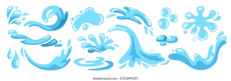 Salpicaduras de agua. Gotas de agua azul, charco, spray y olas. Salpicaduras, remolinos, chispas, salpicaduras. Goteo de agua, movimiento acuático. Gotas claras, Vector aislado