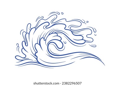 Water splash blue minimalistic sketch. Wave with drops. Sea and ocean. Aqua and H2O, liquid. Graphic element for website. Linear flat vector illustration isolated on white background