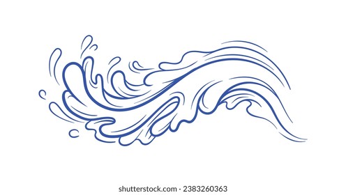 Water splash blue minimalistic sketch. Wave with drops and steam. Ocean and river, lake. Aqua and H2O. Template and layout. Linear flat vector illustration isolated on white background