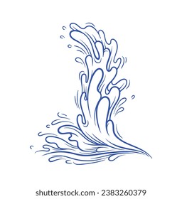 Water splash blue minimalistic sketch. Wave with drops and steam. Sea and river. Aqua and H2O. Hand drawn pencil picture. Linear flat vector illustration isolated on white background