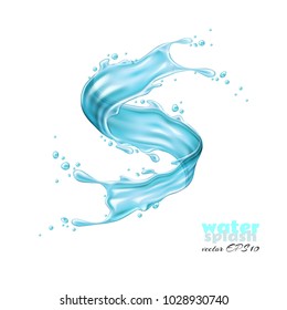 Water splash, blue paint spray realistic vector. 3d liquid, summer tropical vacation drink symbol Fresh vitamin sweet liquid flowing in motion, isolated illustration white background